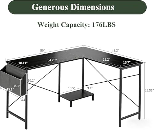 50-Inch Reversible L-Shaped Computer Desk with CPU Stand & Storage Bag