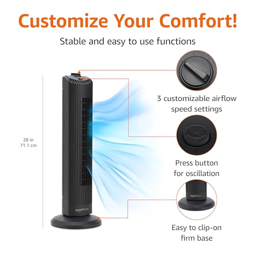 Amazon Basics 28 Inch 3-Speed Oscillating Tower Fan for Bedroom
