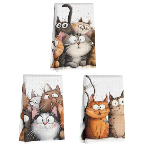 3-Piece Cute Cat Kitchen Towel Set, Soft Microfiber Absorbent Dish Cloths
