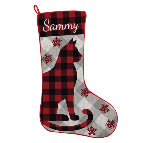 Personalized Cat Christmas Stocking - Rustic Red Plaid Custom Name Decor, 19"