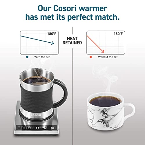 Cosori Silver Coffee Mug Warmer & Mug Set - Precise 1°F Temperature Control, 17oz Stainless Steel