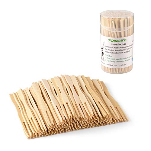 TONGYE 110 pcs Mini Bamboo Cocktail & Appetizer Forks 3.5 inch - Disposable Wooden Food Picks for Party & Charcuterie