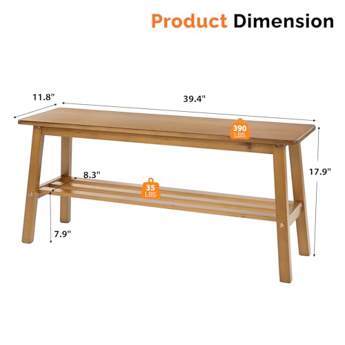 39-Inch Solid Wood Dining Bench with Shoe Rack Storage - Light Brown