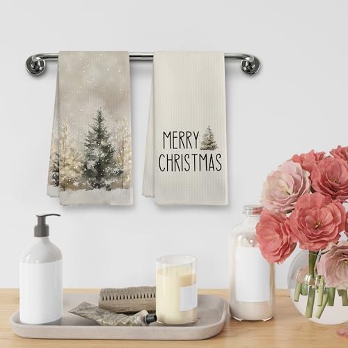 Snow Tree Kitchen Towels Set of 2 16x24 in - Rustic Beige Christmas Dish Hand Towels