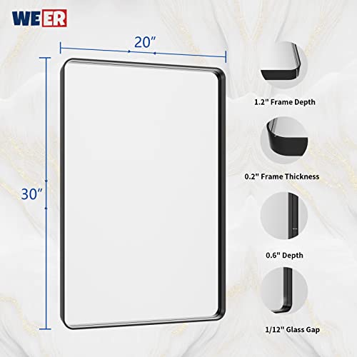 20x30 Inch Matte Black Bathroom Vanity Mirror, Rounded Rectangle Wall Mirror