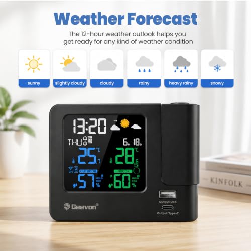 Projection Alarm Clock with Weather Station, Indoor & Outdoor Temperature