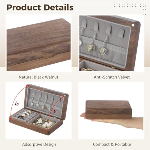 Small Walnut Wooden Jewelry Box, Travel Jewelry Organizer Case