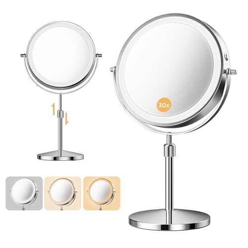 Double-Sided Makeup Mirror with Light, 1X/30X, 3 Colors, 3200mAh