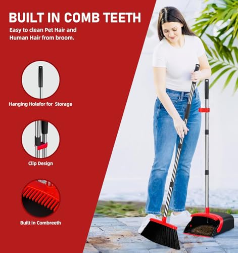 Broom and Dustpan Set (2-Pack) with 52" Adjustable Handle & Self-Cleaning Teeth