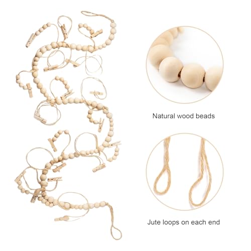 Boho Wooden Bead Hanging Photo Display with 18 Clips - 43-Inch Wall Garland