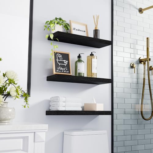 BAYKA Floating Shelves for Wall - Rustic Wood Hanging Shelves, Set of 3 (Black, 15.7in)