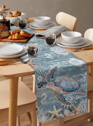 Lsrtoss Beige Blue Coastal Table Runner 13 x 60 Inches Summer Beach Nautical Decor