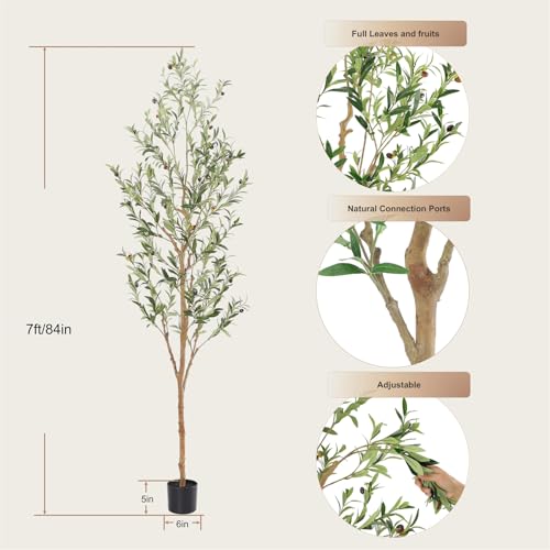 7ft Faux Olive Tree Artificial Indoor Plant with Natural Wood Trunk