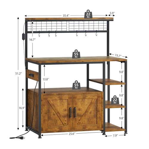 Kitchen Bakers Rack with Power Outlet, LED Light, and Storage Cabinet