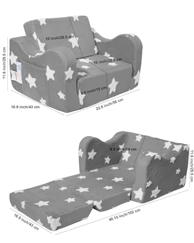 Toddler Fold-Out Couch, 2-in-1 Convertible Kids Sofa and Lounger, Gray