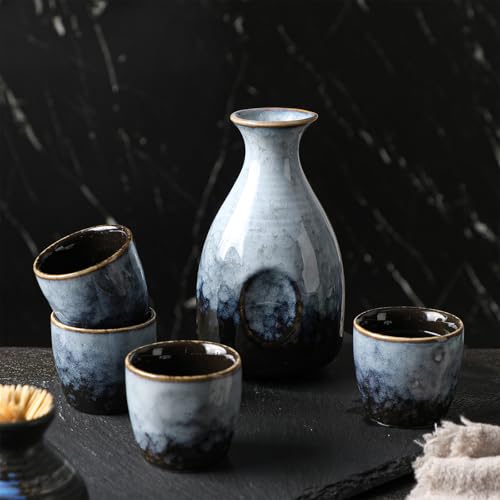 Leegg Black Grey Ceramic Sake Set with 1 Large Pot & 4 Cups - Elegant Tableware