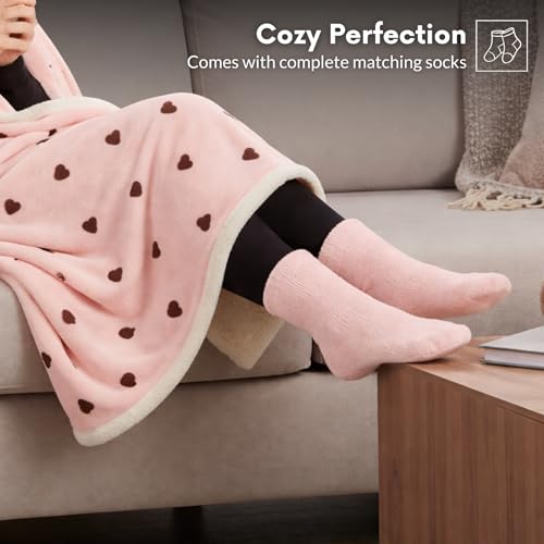 Pink Hearts Print Mother’s Day Gift Blanket Hoodie with Socks - Ultra Soft Oversized Sherpa Wearable Blanket