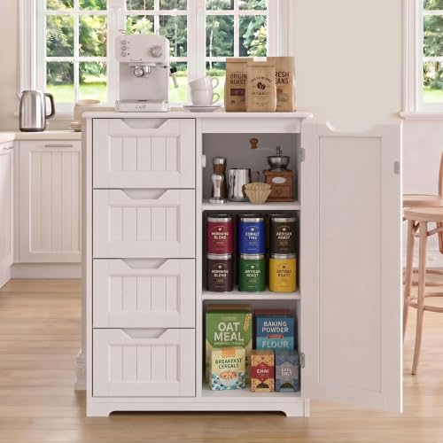 Small Coffee Bar Cabinet with 4 Drawers and Adjustable Shelf, White Sideboard