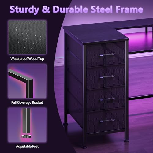 47" Gaming Desk with Power Outlets, LED Lights, Monitor Stand & 5 Drawers