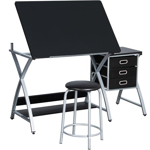 Adjustable Drafting Table with Storage Drawers and Padded Stool