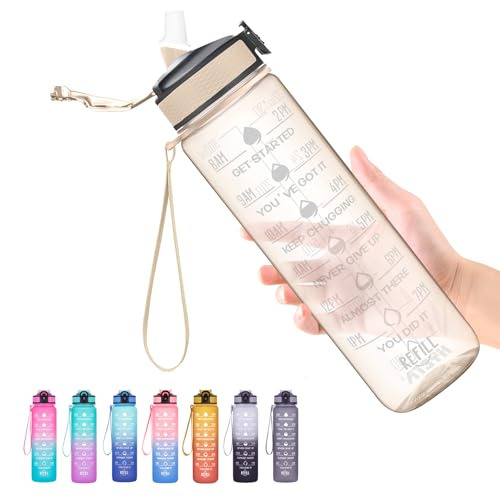 Hyeta Clear Amber 32oz Water Bottle with Straw & Time Marker, Leakproof BPA-Free Tritan