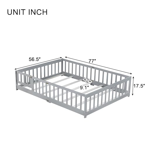 Full Size Montessori Floor Bed with Guardrails and Door, Kids Wood Bed Frame