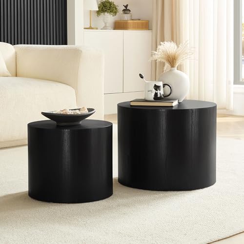 Set of 2 Round Nesting Coffee Tables - Modern Oak Wood Accent End Tables