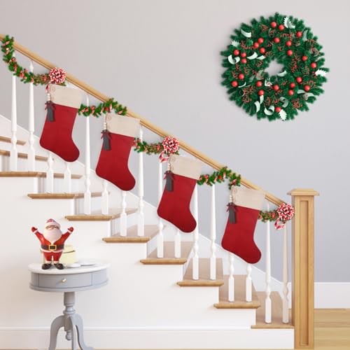 Red Burlap Christmas Stockings Set of 5 - Personalized 19.5 Inch Holiday Decor