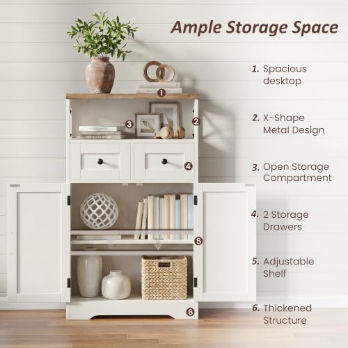 Farmhouse Storage Cabinet with 2 Drawers and Barn Doors, White Pantry