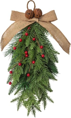 20-Inch Christmas Teardrop Swag with Burlap Bow, Bells, and Red Berries