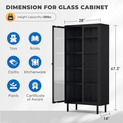 67-Inch Metal Glass Display Cabinet with 4 Adjustable Shelves, Black