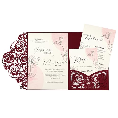 Laser Cut Wedding Invitation Pockets, 5x7 Burgundy Card Holders (50 Pack)