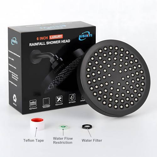 6-Inch High Pressure Rainfall Shower Head, Matte Black Adjustable Fixed