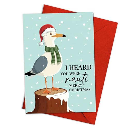 Podagree I Heard You Were Nauti Christmas Card – Funny Nautical Seagull Santa Hat Greeting Card