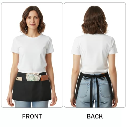 Waist Apron with 3 Pockets - Durable Black Server Apron for Waitstaff