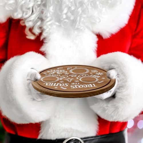 Santa Cookie Plate Round Wooden Treat Tray 9.8in Xmas Eve Platter