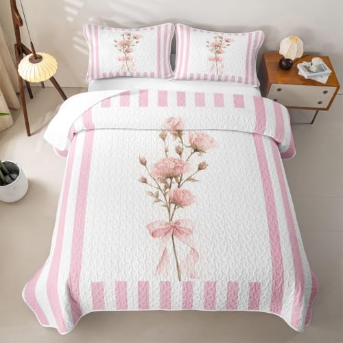 Pink Bow Floral Quilt Set - Twin Size Lightweight Bedspread for All Seasons