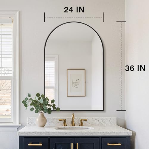 2-Pack 24x36 Arched Wall Mirror, Black Metal Frame Shatter-Proof Vanity Mirror