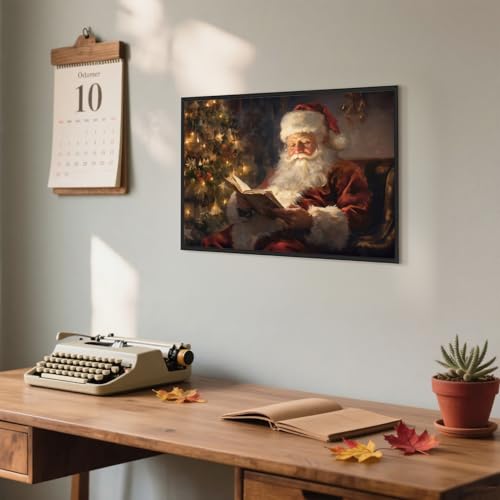 Santa Reading by Christmas Tree canvas wall art 8x12 with black aluminum frame