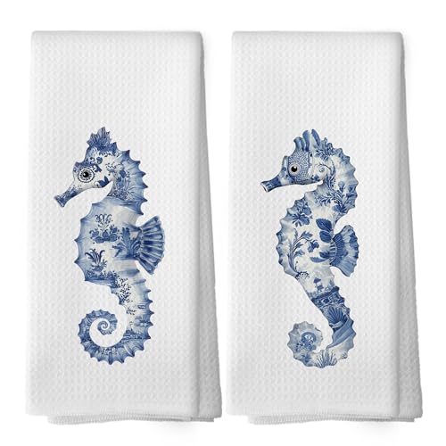 Summer22 Coastal Seahorse Kitchen Dish Towels Set of 2 - Blue & White Chinoiserie Decor