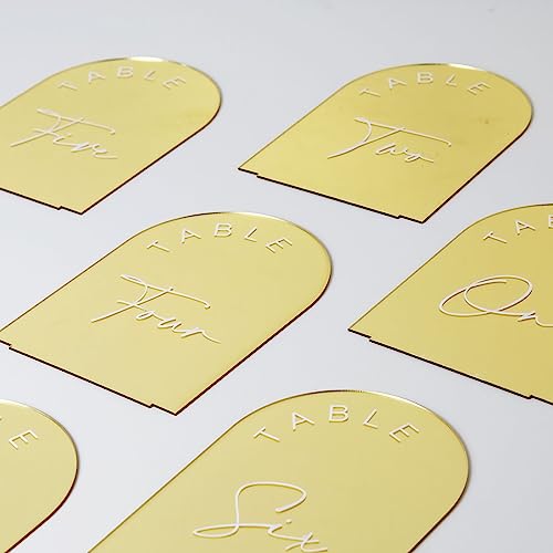 Gold Mirror Arched Acrylic Table Numbers 1-10 with Stands (5x7 Inch)