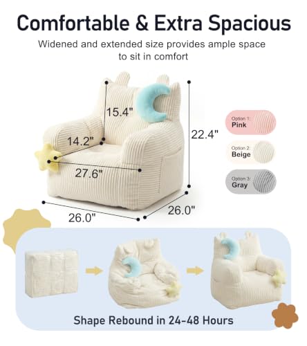 Kids Bean Bag Chair with Plush Toys & Side Pocket, Beige Corduroy Seat