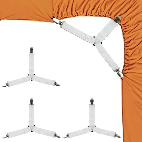 Adjustable Bed Sheet Straps with Metal Clips - 4-Pack Corner Fasteners, White