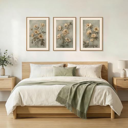 Vintage Botanical Flower Framed Canvas Wall Art, 3-Piece Floral Triptych