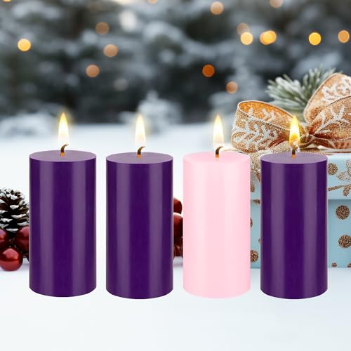 Unscented Christmas Advent Candles Set - Round Pillar, 4 Pack, 3" x 6"