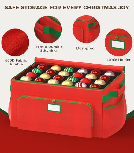 Large Christmas Ornament Storage Box with 72 Compartments, Durable 600D Fabric, Portable with Pockets