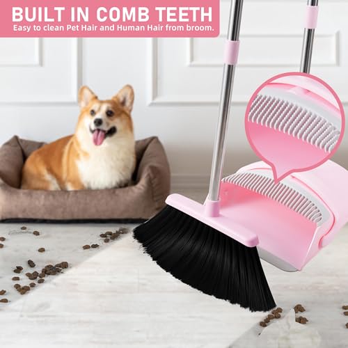 Long Handle Broom and Dustpan Set with Built-In Comb Teeth - Pink