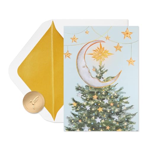 Papyrus Christmas Cards Boxed Set with Envelopes & Gold Seals - Magic of the Season, FSC Sonata Moon Tree Topper Variant, 14 Count
