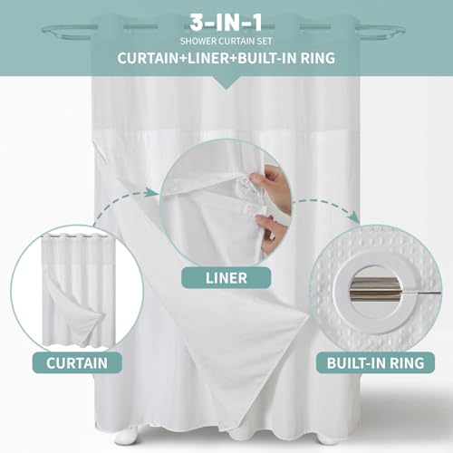 Waffle Weave Shower Curtain with Snap-in Liner, 71x74 Inch, White