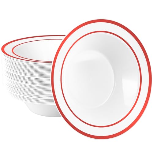 Goodluck 50 Pack Red Rim Plastic Bowls - Disposable 12oz Party & Dinnerware